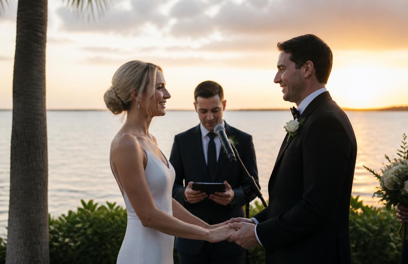 Waterfront wedding ceremony at sunset